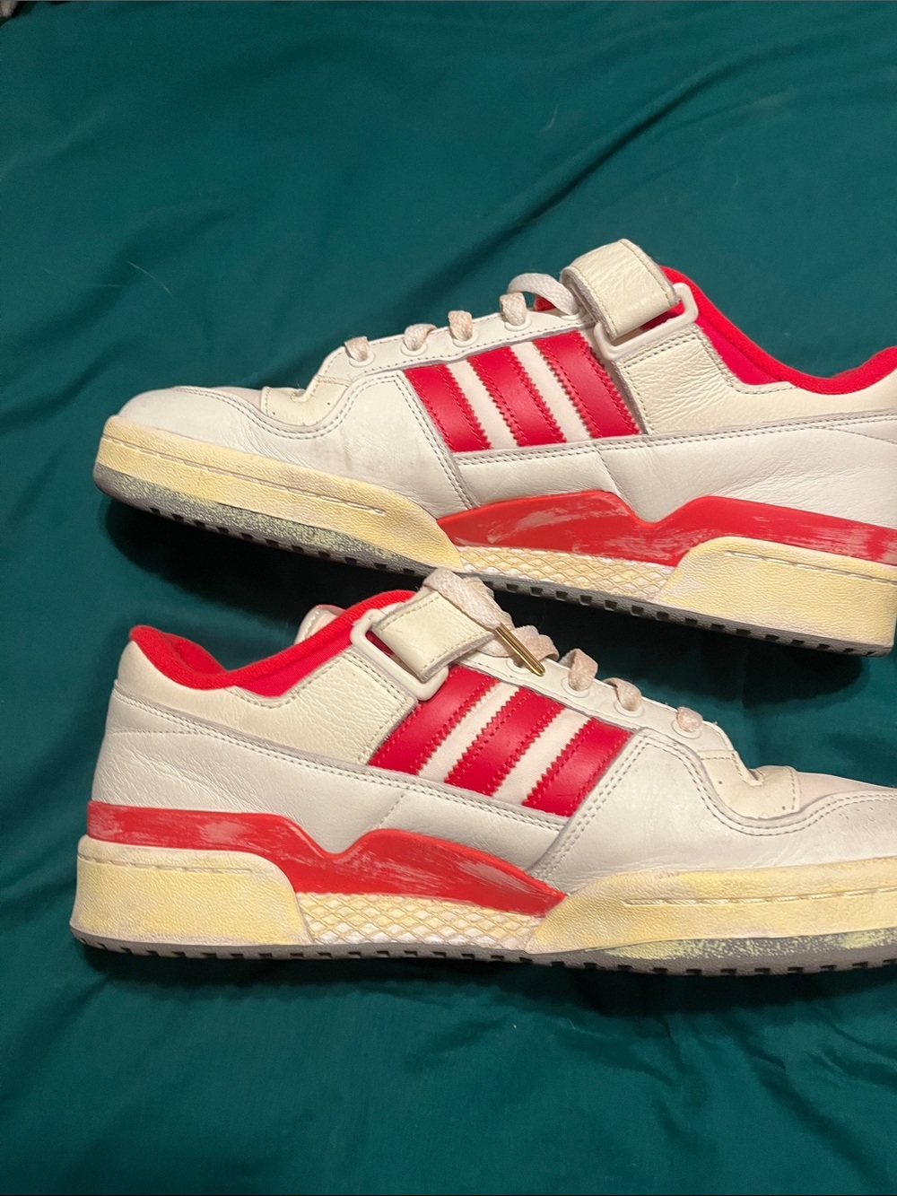 adidas White and Red Retro Court Sneakers. Retro distressed